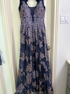ellie wilde Navy and Beige Floral Lace Evening Gown